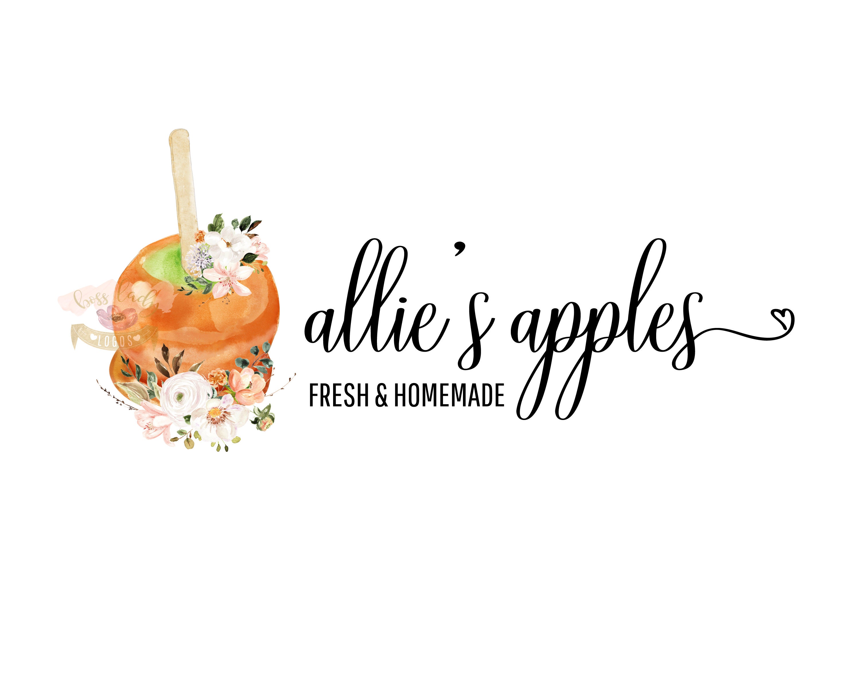 Watercolor Candy Apple Logo Design with Flowers Caramel Etsy