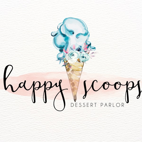 Ice Cream Logo, Ice Cream Cone, Blue Ice Cream Cone Logo Design, Dessert Logo, Ice Cream Shop, Ice Cream Parlor, Bakery Logo, Watercolor