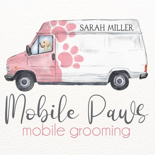 Mobile Grooming Van Logo, Modern Groomer Logo, Dog Paws, Custom Dog Logo, Watercolor Logo, Hand Painted, Pet Spa Logo, Branding Package Png