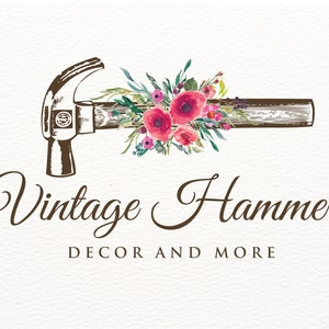 Hammer Logo, Handywoman Logo, Handyman Logo, Vintage Logo, Branding, Custom Logo, Woodworking Logo, Pink Watercolor Flowers, Construction