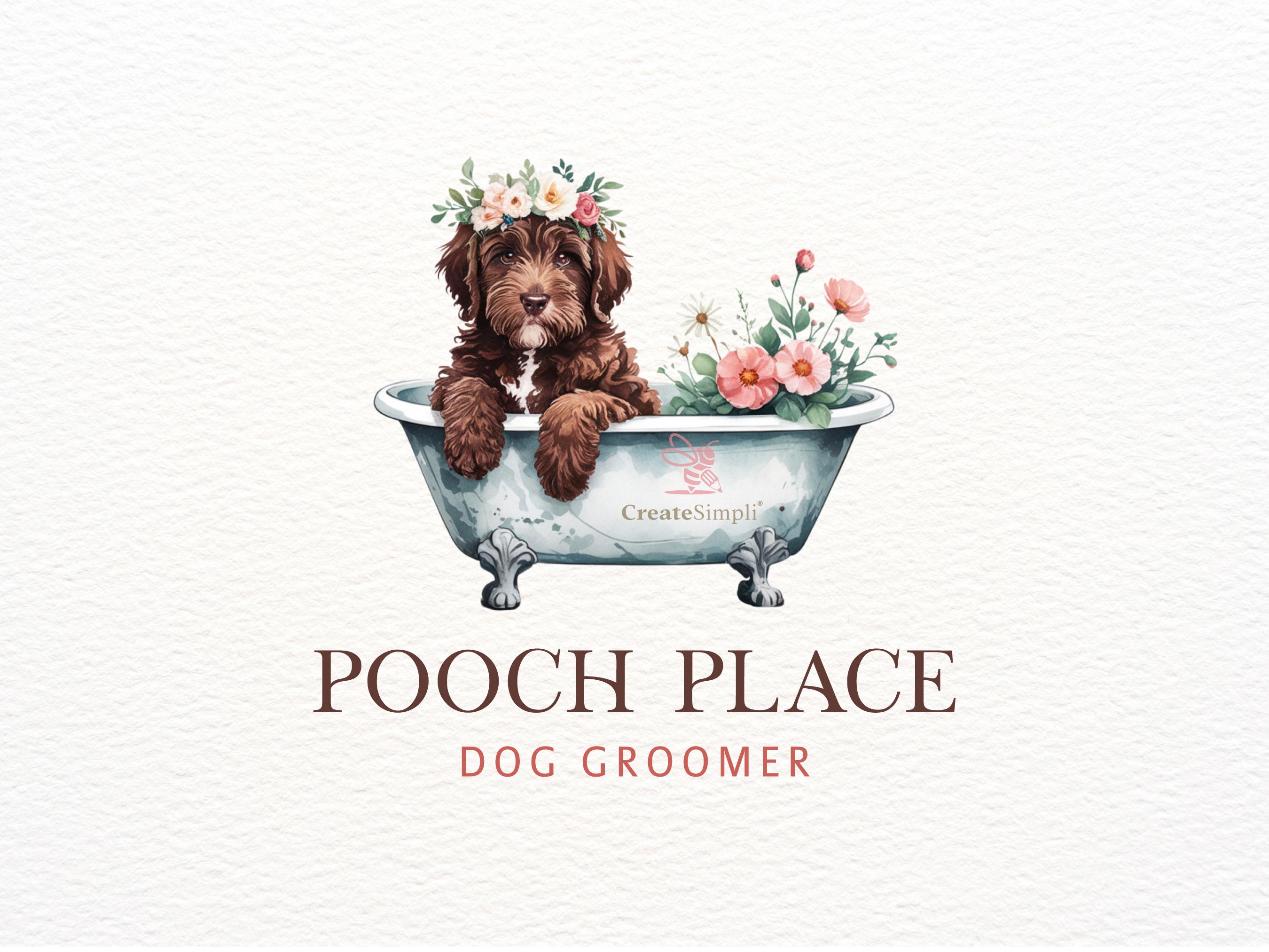 Custom Pet Logo, Chocolate Labradoodle, Goldendoodle, Dog Groomer Logo, Pet Grooming Logo, Vintage Pet Logo, Dog in Bathtub, Design Package