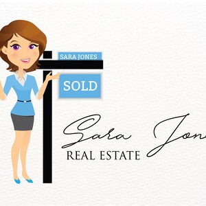 Mascot Logo, Real Estate Agent Woman Cartoon Character Logo, Sold Sign Digital Logo, Real Estate Logo, Real Estate Broker Branding Package