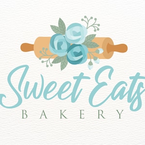 Rolling Pin Logo, Watercolor Floral Bakery Logo Design, Baking Logo, Baker Branding, Premade Bakery Rolling Pin with Flowers Logo Graphics
