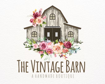 Vintage Barn Logo, Rustic Farmhouse Logo, Distressed Farm Logo, Pink Watercolor Floral Logo, Custom Logo Design, Logo Branding, Antique Logo