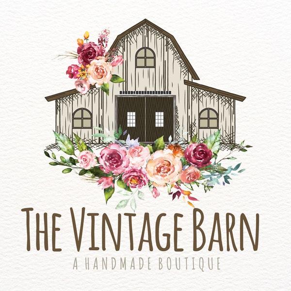 Vintage Barn Logo, Rustic Farmhouse Logo, Distressed Farm Logo, Pink Watercolor Floral Logo, Custom Logo Design, Logo Branding, Antique Logo