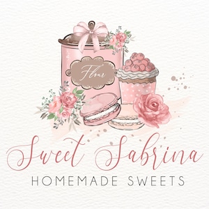 Home Baking Logo, Cupcake Logo, Macaron Logo, Bakery Logo Design, Pink Watercolor, Flour Jar, Branding, Cottage Bakery, Home Baker Logos