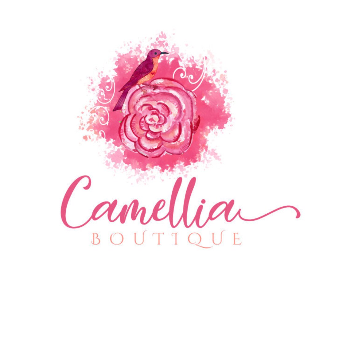Camellia Flower Logo Bird Logo Pink Watercolor Logo Florist | Etsy