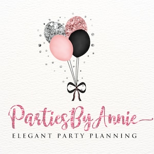 Logotipo de balões, logotipo de planejador de eventos, logotipo de planejamento de eventos, logotipo de planejador de festas, logotipo de planejamento de festas, logotipo de balão de glitter, logotipo de laço, confete