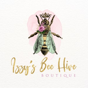 Bee Logo, Queen Bee, Vintage Bee Logo Design, Rustic Bee, Pink Floral Bouquet, Custom Logo, Branding, Watercolor, Watermark, Boutique Logos