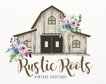 Barn Logo, Vintage Rustic Farm Logo Design, Premade Logo, Boutique Logo, Farmhouse Logo, Watercolor Flowers, Branding, Etsy Shop Logos, Png