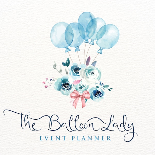 Luftballons Logo, blauer Ballon-Blumenstrauß Logo-Design, Aquarell Blumen, Event-Planung Logo, Party-Planer Logos, rosa Schleife, Custom Branding