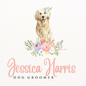 Golden Retriever Dog Logo Design, Watercolor Pet Logo, Premade Groomer Logo, Grooming Logo, Custom Floral Dog Sitter Logo Branding, Dogs