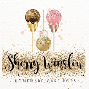 Cake Pops Logo, Watercolor, Home Baking Logos, Bakery Logo, Baker Logo Design, Gold Glitter, Custom Logo, Dessert Logo, Pastel Pink Flowers