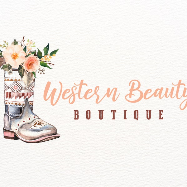 Western Logo, Cowgirl Boot Logo Design, Southern Logo, Boho Logo, Cowboy Boot, Watercolor, Feather Logo, Premade Logo, Branding, Floral Logo