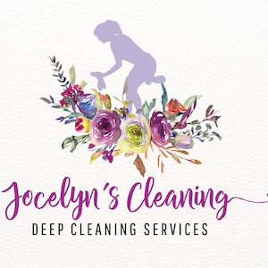 Putzfrau-Logo, Maid-Service-Logo-Design, lila Reinigungsservice-Logo mit Blumen, Blumenreinigungs-Logo, Büroreinigungs-Business-Logo