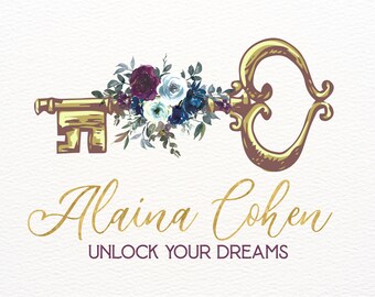 Elegant  Vintage Gold Key Custom Logo Design, Real Estate Branding Bundle, Pretty Watercolor Flowers, Premade Boutique Logos, Watermark