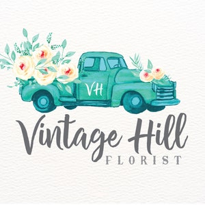 Vintage Truck Logo, Old Truck Logo Design, Teal Truck Logos, Digital Logo, Watercolor Flowers, Branding, Boutique Logo, Florist Logo, Png