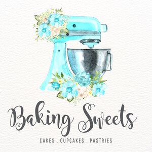 Mixer Logo, Bakery Logo, Turquoise Flowers, Baking Logo, Home Baker Logo, Teal Florals, Premade Logo, Chef Logo, Branding, Dessert Logo