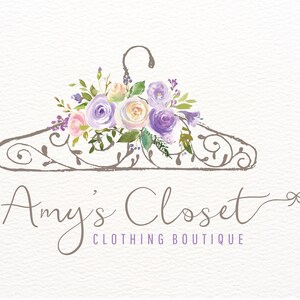 Hanger Logo, Purple Watercolor Flowers, Boutique Logo Design, Etsy Shop, Branding, Fashion Logo, Elegant Logo, Premade Clothing Store Logos