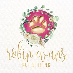 Paw Print, Pink Watercolor, Pet Sitting Logo, White Roses, Pet Grooming Logo, Dog Groomer Logo, Branding, Custom Logo, Floral Wreath Logos