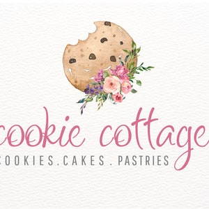 Cookie Logo, Bakery Logo Premade, Chocolate Chip Cookie Logo, Baker Logo Floral, Bakery Branding, Pastry Chef Logo, Cookie with Flowers Logo