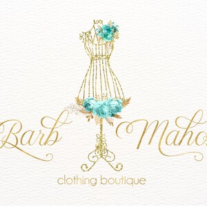 Mannequin Logo, Clothing Boutique Logo, Hanger Logo, Teal and Gold, Watercolor Flowers, Etsy Shop, Branding, Premade Logo, Tailor Logos
