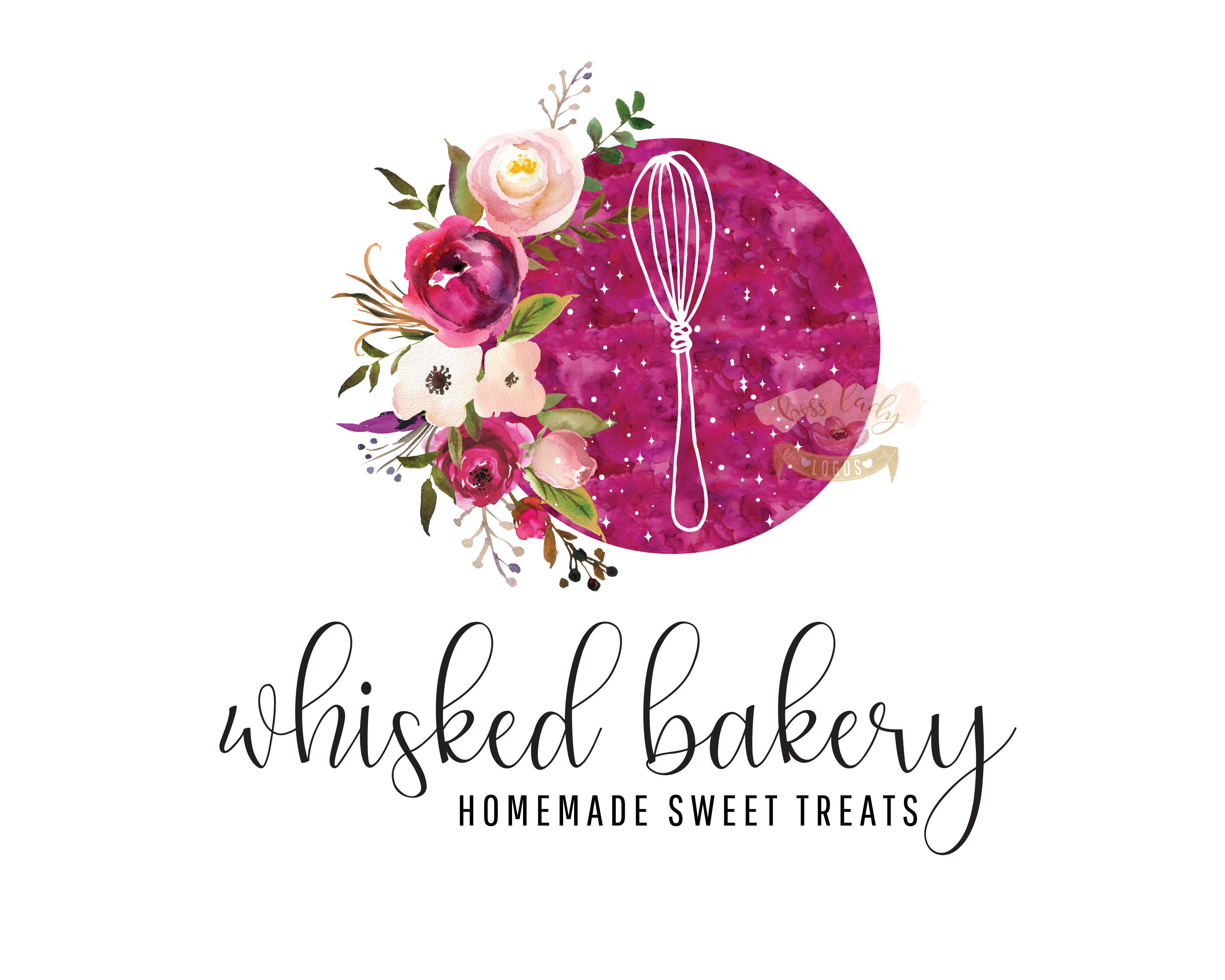 Whisk Logo Bakery Logo Glitter Watercolor Pink Flowers Etsy