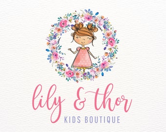 Little Girl Logo Branding Children's Boutique Floral Wreath Premade Logo, Clothing Logo Design, Etsy Shop Logo Set Bundle Branding Kit