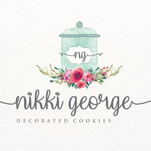 Cookie Jar Bakery Logo, Floral Bakery Branding, Watercolor Floral Bakery Logo Design, Pink Flowers Baking Logo, Baker Logo, Bakery Logos