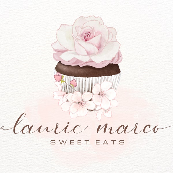 Cupcake Logo, Elegant Cupcake, Bakery Logo, Pink Rose, Baking Logo, Watercolor, Home Baker Logo Design, Branding, Premade Logo, Pink Flowers