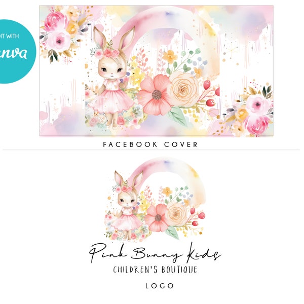 Children's Boutique Logo, Watercolor Bunny Rabbit Logo, Pastel Rainbow, Kids Consignment Shop Logo, Kids Clothing, Canva Logo Brand Template