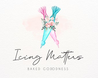 Piping Bag Logo, Icing Bag Logo Design, Bakery Logo, Baking Logo, Baker Logo, Watercolor, Pastry Chef Logo, Dessert Logo, Branding, Bake