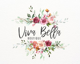 Elegant Watercolor Floral Border Logo, Custom Logo Design, Flower Bouquet, Feminine Branding, Florist Logo, Digital Watermark, Premade Logo