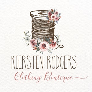 Vintage Spool Logo Design, Premade Sewing Logo, Custom Clothing Boutique Logo, Watercolor Rustic Flowers, Digital Business Branding Kit