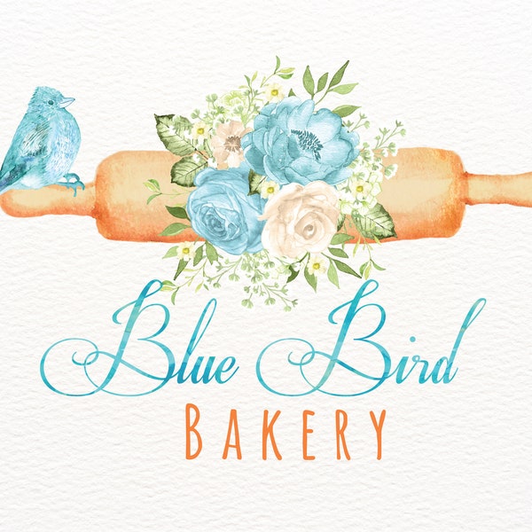 Modern Baking Logo, Bakery Logo, Blue Bird Logo, Rolling Pin Logo, Custom Baker Logo, Watercolor Logo, Chef Logo, Dessert Logo, Branding Png