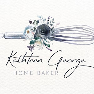 Whisk Logo, Navy Blue Peony Flowers, Bakery Logo, Home Baker Logo Design, Branding, Watercolor Baking Logo, Premade Logo, Home Bakery Logos