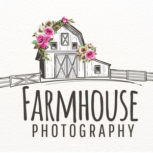 Vintage Barn Logo, Rustic Farmhouse Logo Design Branding, Farm Logo with Pink and Gold Flowers, Ranch Logo, Boutique Logos, Antique Logos