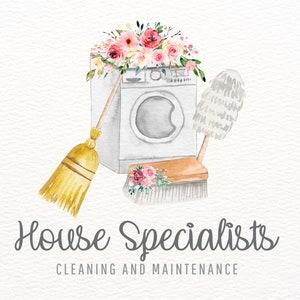 Cleaning Service Logo, Maid Logo, Broom Logo, Duster Logo, Washer Logo, Watercolor Cleaning Logo Branding, Premade Dusting Cleaner Logos image 1