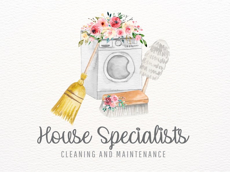 Cleaning Service Logo, Maid Logo, Broom Logo, Duster Logo, Washer Logo, Watercolor Cleaning Logo Branding, Premade Dusting Cleaner Logos image 1