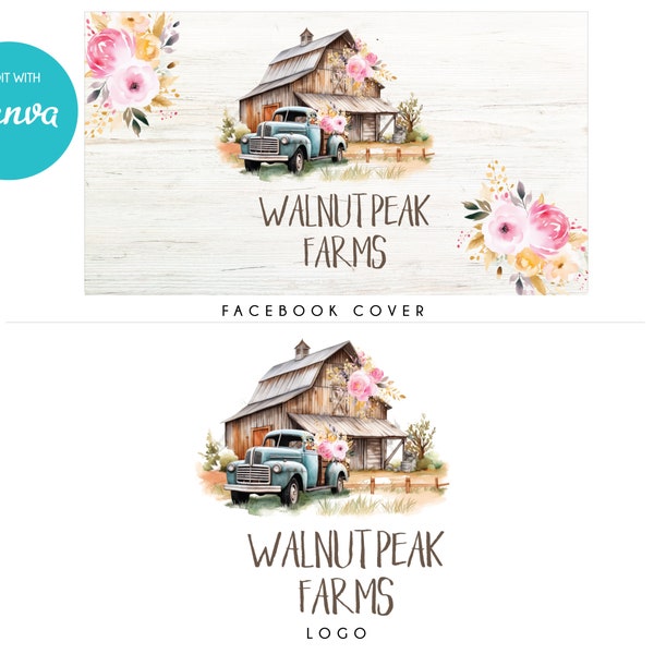 Old Vintage Farm Logo, Farm Truck Logo, Instant Canva Farm Templates, DIY Canva Logo Branding Kit, Watercolor Logo, Rustic Country Logo