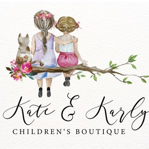 Design de logotipo Two Girls, Boutique infantil Sisters, Crianças e um gato, Galho de árvore em aquarela, Pacote de marca personalizado, Pacote de marca digital