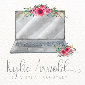 Computer Logo Design, Watercolor Laptop Logo, Virtual Assistant Logo, Secretary Logo, Pink Elegant Flowers, Custom Logo, Branding, Blog Logo