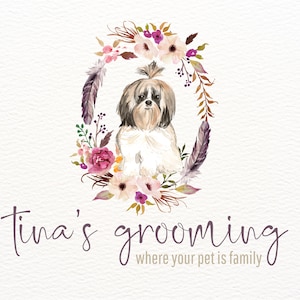 Shih Tzu Logo, Shih Tzu Branding, Dog Grooming Logo, Pet Groomer Logo, Floral Logo, Flower Wreath Logo, Watercolor Logo Design, Shih Tzu
