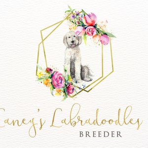 Labradoodle with Flowers, Logo Design, Goldendoodle, Poodle, Pet Logos, Dog Logos, Pet Shop Logo, Groomer Logo, Gold Frame, Watercolor Logo