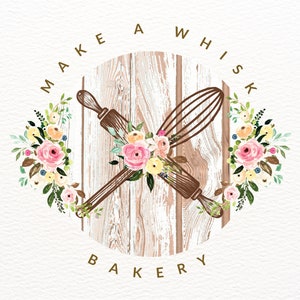 Bakery Logo Branding Custom Rolling Pin Pink Floral Rustic Wood Logos, Vintage Floral Whisk Logo, Round Baking Stamp Logo, Bakery Logo Set
