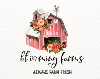 Barn Logo, Red Barn, Farm Logo, Rustic Logo, Distressed Logo, Old Barn, Vintage Barn, Premade Logo, Watercolor Flowers, Branding, Boutique