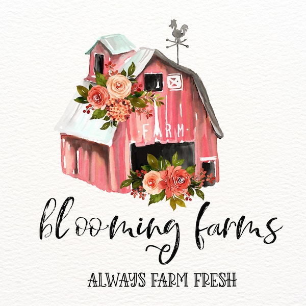 Barn Logo, Red Barn, Farm Logo, Rustic Logo, Distressed Logo, Old Barn, Vintage Barn, Premade Logo, Watercolor Flowers, Branding, Boutique