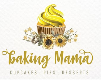 Cupcake Sunflower Logo, Yellow Cupcake Logo Design Branding, Bakery Logo, Baking Logo, Pastry Chef Logo, Baker Logos, Dessert Logo, Logos