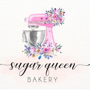 Bakery Logo, Pink Mixer Watercolor, Premade Baking Logo, Hand Painted, Baker Logo, Custom Logo, Dessert Logo, Cookie Logo, Cake Logo, Chef