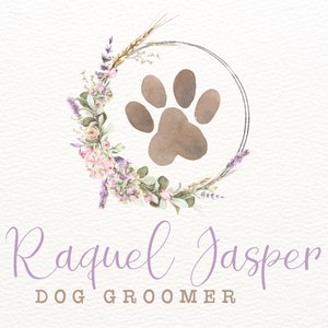 Logotipo de huella de pata, flores silvestres de acuarela, logotipo de sello circular, logotipo de cuidado de mascotas, logotipo de paseador de perros, logotipo de peluquero de perros, logotipo de panadería para mascotas, patas de perro